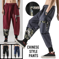 Japanese Kimono Cotton Linen Pants Men Samurai Costume Ukiyo-e Print Belt Harem Pants Haori Baggy Trousers Harajuku Hip Hop