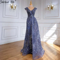 Wasisi Dubai Blue Mermaid Sleeveless Evening Dresses 2024 Elegant Crystal Luxury Evening Gowns FLA70557