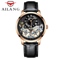 AILANG Men Casual Fashion Mechanical Watch New Fashion Double Flywheel Clock Genuine Leather Strap 30M Waterproof Reloj Hombre