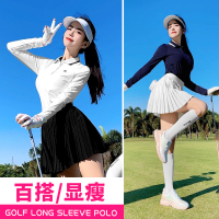 PGM 高爾夫女裝長袖POLO衫拼色羅紋領收腰顯瘦上衣彈力運動服百搭