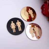 5mm 3D Acrylic Mirror Round Toilet Door Sign Men Women Bathroom WC Black Gold Silver Modern Wood Base Wall Sticker Home Decor