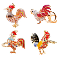 Pretty Cute Opals Cock Rooster Chicken Keychains Crystal Bag Pendant Rhinestone Luxury Key Chains Ring Gift For Women