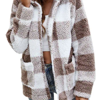 FIGOHR Gingham Hooded Teddy Jacket Checkered Plaid Open Front Hoodie Jacket Comfortable &amp; Casual Women's Clothing