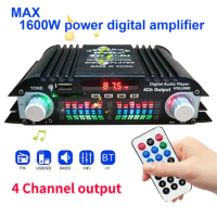 1600W Peak HiFi Sound Amplifier Bluetooth-Compatible 4 Channel Car Power Amplifier FM Radio Karaoke Player with Remote Control
