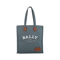 BALLY Crystalia英文印花LOGO高級帆布雙B皮標設計吸釦肩背托特包(大/灰藍)