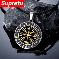 Vintage Vikings Compass Necklaces Men Two-sided Stainless Steel Vegvisir Amulet Norse Runes Trident Pendant Scandinavian Jewelry