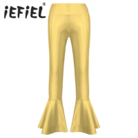 Kids Girls Shiny Metallic Flared Long Pants High Waist Ruffle Bell-bottom Pants Modern Jazz Disco Stage Performance Trousers