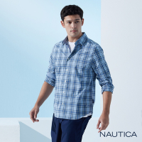 Nautica 男裝 吸濕排汗休閒格紋長袖襯衫-藍色