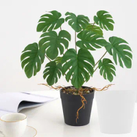 Green Artificial Monstera Deliciosa Leaves Indoor And Outdoor Decorations Faux Flowers And Plants White basin/Monstera