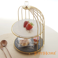【Just Home】粹金大理石紋陶瓷雙層蛋糕盤組附架(收納架/點心架/婚禮布置)