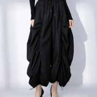 XITAO Folds Wide Leg Pants Black Fashion Personality Irregular Splicing Women Pants 2024 Spring New Street Trendy DMJ3090