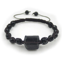 Black Tourmaline Point Agate Faceted Round Beaded Bracelet Hand-knitting Centipede Knot 6-8 Inches