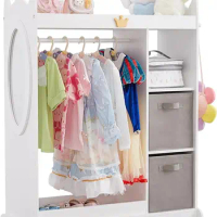 Kids Dress up Storage with Mirror, 2 Storage Bins &amp; Cloth Hanger, Kids Play Armoire Dresser Pretend Storage Closet for Bedroom,