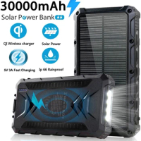 30000mAh Solar Power Bank Portable Qi Wireless Charger Powerbank For iPhone 13 Samsung S22 Xiaomi Poverbank with Camping Light