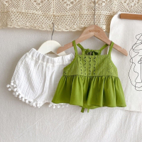 女童夏季連衣裙綠色小吊帶+白色短褲兩件套出游旅游夏兒童套裝