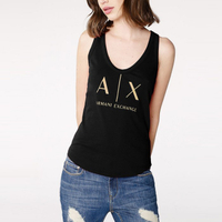 美國百分百【Armani Exchange】挖背 背心 AX 無袖 logo 上衣 T-shirt 黑色 女XS S號 I208