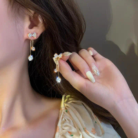 【YY】S925 Silver Stitch Star Bow Tassel Earrings Women Niche Earrings Light Style Earrings