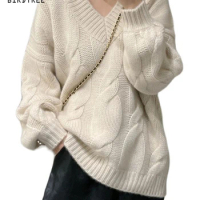 Birdtree 100%Wool Lazy Autumn Winter New Sweater V-neck Thickened Women's Office Lady Basic Twisted Knitted Sweater T3N312QC