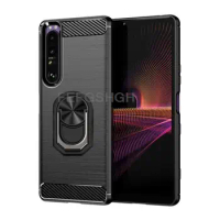Carbon Fiber Brushed Soft Protective Case For Sony Xperia 1 II XQ-AT51 XQ-AT52 Ring Stand Holder Shockproof Phone Cover
