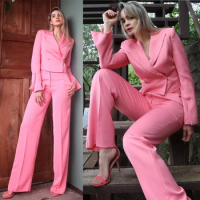 Elegant Pink Mother of Bride Dresses Peaked Lapel Double Breasted Short Jacket Plus Size Fashion Casual Women Blazer 2 Piece Set