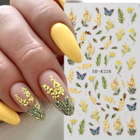 5D Flowers Nail Stickers Mimosa Design Spring Floral Leaf Self-adhesive Nail Decals White Daisy Sliders Manicure Nail Decoration