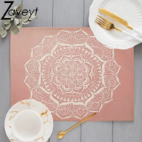 Korean Style Pink Wedding Princess Swan Print Linen Placemat for Dining Table Drink Abstract Marble Rose Coaster Home Decora