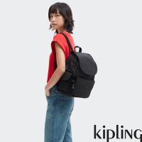 『猴子包』Kipling 經典黑菱格紋印花拉鍊掀蓋後背包-CITY PACK