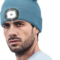Hands-Free LED Headlamp Beanie, Unisex Knit Winter Hat with USB Rechargeable Flashlight, Ideal Gifts for Men Husband Dad Blue