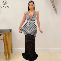 VAZN 2023 New Luxury Designer See Through Young Sexy Club Solid Diamonds Hotsweet Halter Off Shoulder Women Long Mermaid Dress