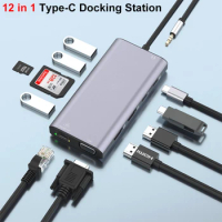 12 in 1 Type-C Dock 4K HD Hub USB MacBook Macmini Docking Station 2xHDMI for Dell Lenovo ASUS HP Thunderbolt Laptop Accessories