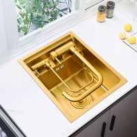 隱藏式水槽 吧臺水槽隱藏式金色304不銹鋼單槽小號帶蓋板中島迷你洗手池加厚