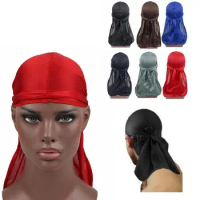 Men Satin Stretchy Cap Hip Hop Du Doo Rag Durag Wigs Down Headwear Hat Tie Long Hair Tail Solid Turban Accessories Bandana E2D5