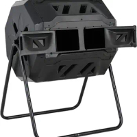 Compost Bucket Double Chamber Tumbling Composter Large All Weather Yard Trash Can with Sliding Door and Ventilation System
