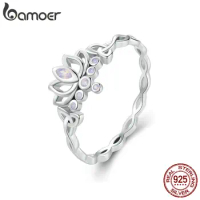 Bamoer 925 Sterling Silver Lotus Ring Elegant Flower Ring for Women Party Platinum Plated Fine Jewelry BSR487