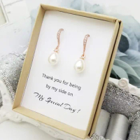 custom will you be my maid of honor Zirconia Crystal dangle Jewelry rose gold teardrop pearl Earrings elegant anniversary gift