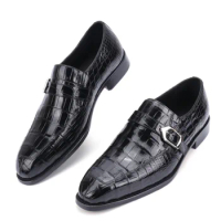 Sipriks Mens Casual Leather Shoes Black Crocodile Skin Single Monk Strap Italian Goodyear Welted Shoes Slip on Wedding Dress 44