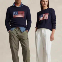 Spring Autumn New Ralph Men's Knit Pullover Y2K Vintage Casual Embroidery Flag Crew Neck Lauren Wome