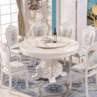 Dining Table Simple Internet Celebrity Marble round Table European Solid Wood Marble Dining-Table round a Table with Six Chairs Combination Set
