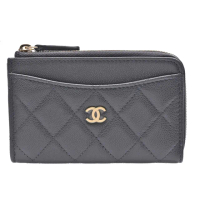 【CHANEL 香奈兒】經典金色雙C LOGO菱格粒紋牛皮L型拉鍊卡夾/零錢包(灰色AP3179C-GRAY-GP)
