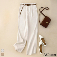 【ACheter】送皮帶棉麻感通勤寬鬆高腰直筒長褲#119322(卡其/杏)