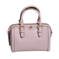 【TORY BURCH】TB T Monogram Leather 浮雕壓花LOGO迷你波士頓(櫻花粉/贈原廠防塵袋紙袋/母親節送禮)