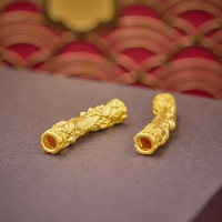 Pure 999 24K Yellow Gold 3D Lucky Dragon Phoenix Elbow Long Tube Pendant