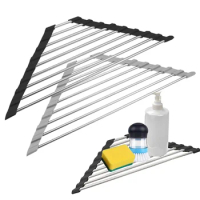 Triangle Roll-Up Dish Drying Rack for Sink Corner Foldable Stainless Steel Caddy Sponge Shelf Holder Kitchen Drainer Organizer