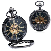 New Vintage Skeleton Mechanical Hand Wind Pocket Watch Steampunk Men Women Black Fob Watch Gift