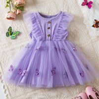 1-5Yrs Girls Princess Dress for New Butterfly Mesh Flying Sleeves Dress Girls Fashion Dresses 2024 Cute Girls Summer Casual Wear
