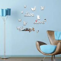 New Home Decorations DIY Silver Mirror Wall Sticker Large Decal 3D Stickers Butterfly Pattern