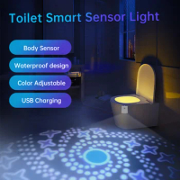 Toilet Night Lights Motion Human Presence Sensor Sensing Light Rechargeable Dimming Lamp Smart Bathroom WC Decoration Lights