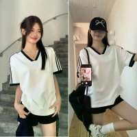 【READY STOCK ATJohor】 HotgirlLoose V-neck contrast color short-sleeved T-shirt for women casual all-