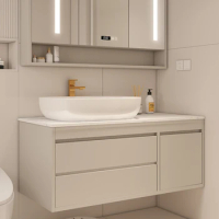 Ceramic basin bathroom cabinet on slate counter, combined basin intelligent mirror cabinet