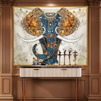 中式客廳裝飾畫掛布壁毯北歐沙發背景墻布藝油畫大象麋鹿棉麻掛毯